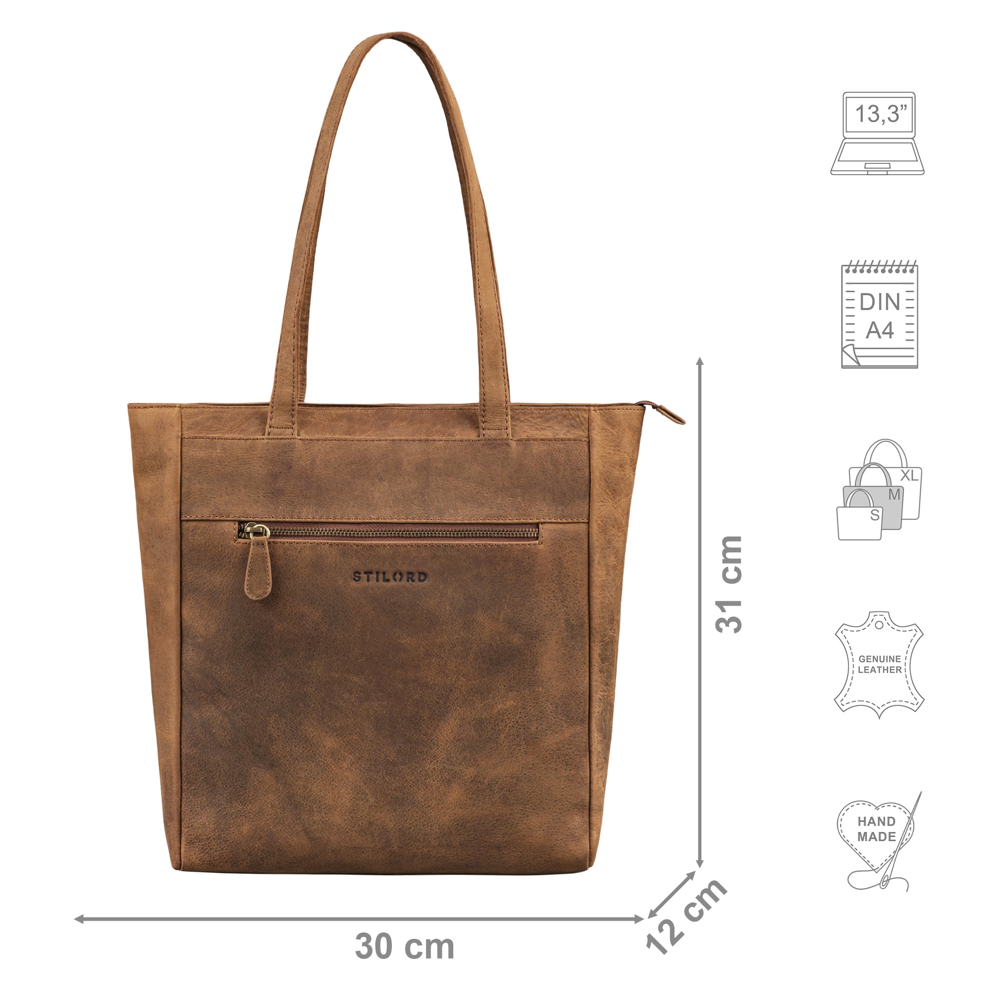 Damen Ledertasche braun mit Größenangaben und zusätzlichen USP Icons