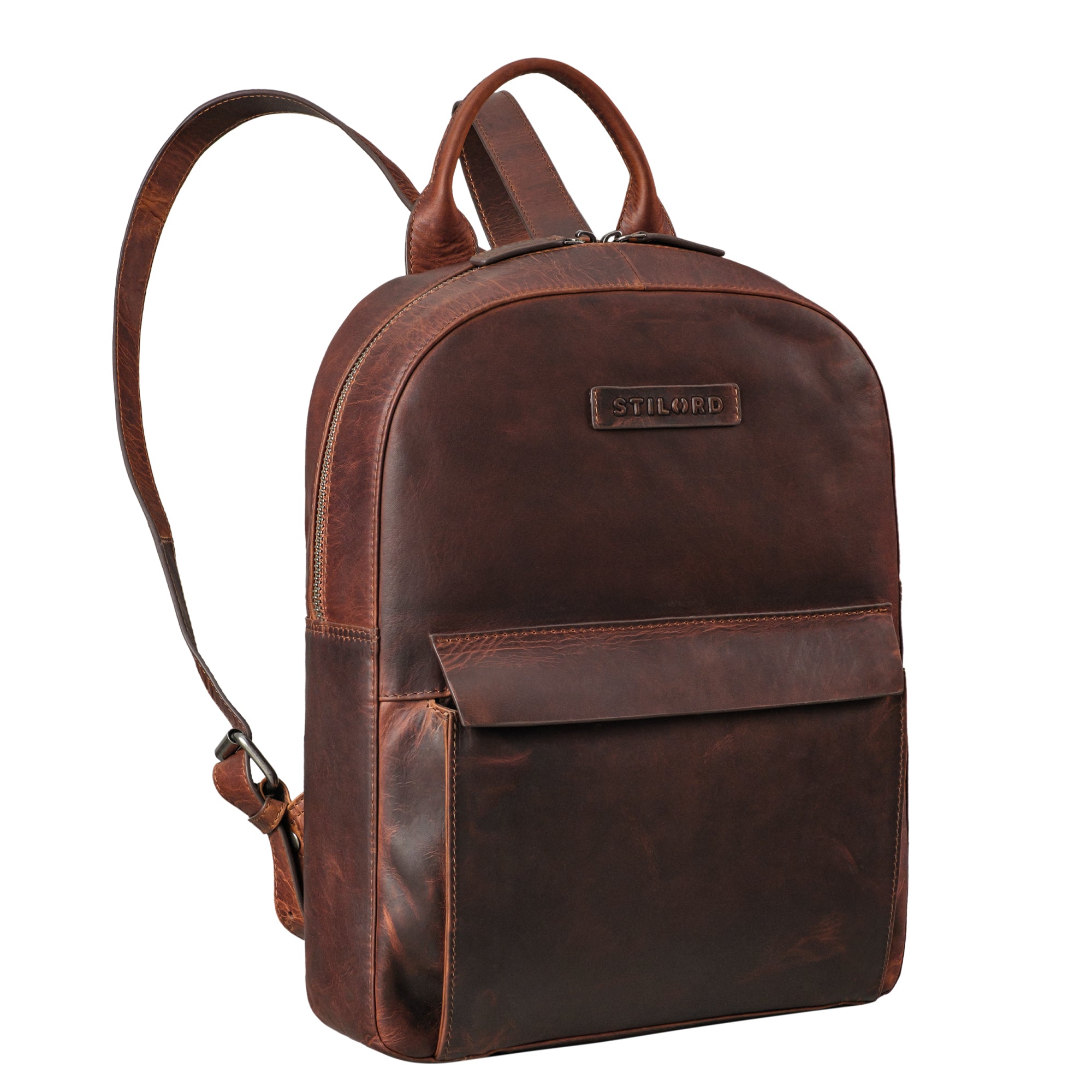 Lederrucksack Damen Cognac mit langen Schultergurten aus der schrägen Frontalperspektive