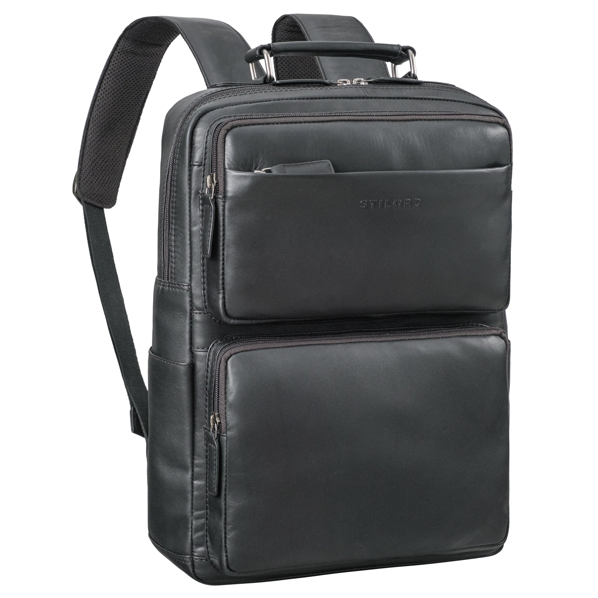 Großer Laptoprucksack schwarz aus der schrägen Frontalperspektive