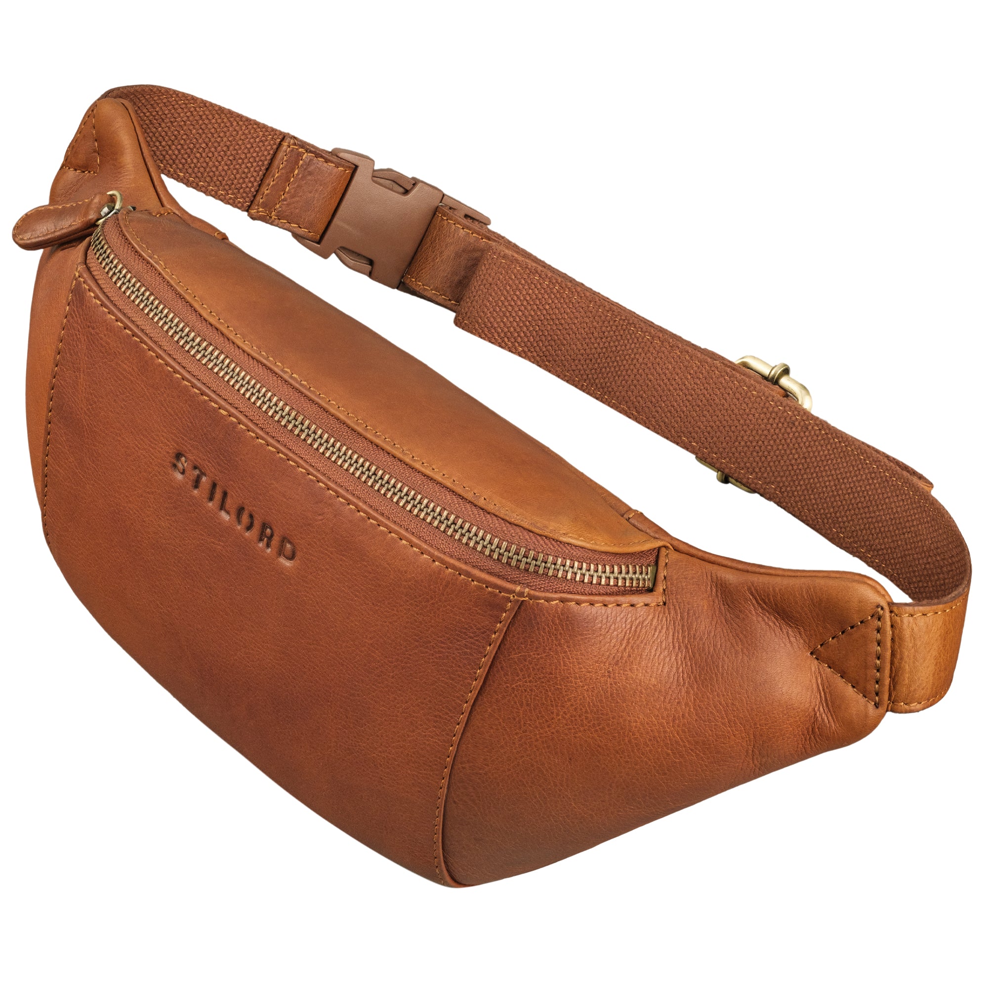 Bauchtasche Leder cognac aus der schrägen Frontalperspektive
