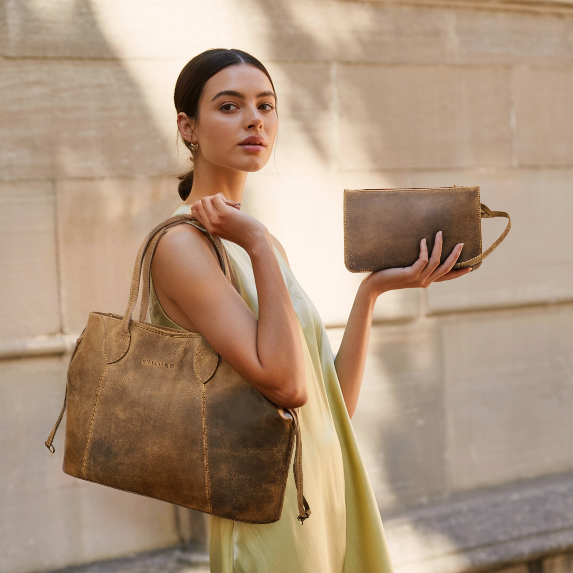 Große Shopper Tasche Damen Leder braun mit zusätzlicher Mini Ledertasche