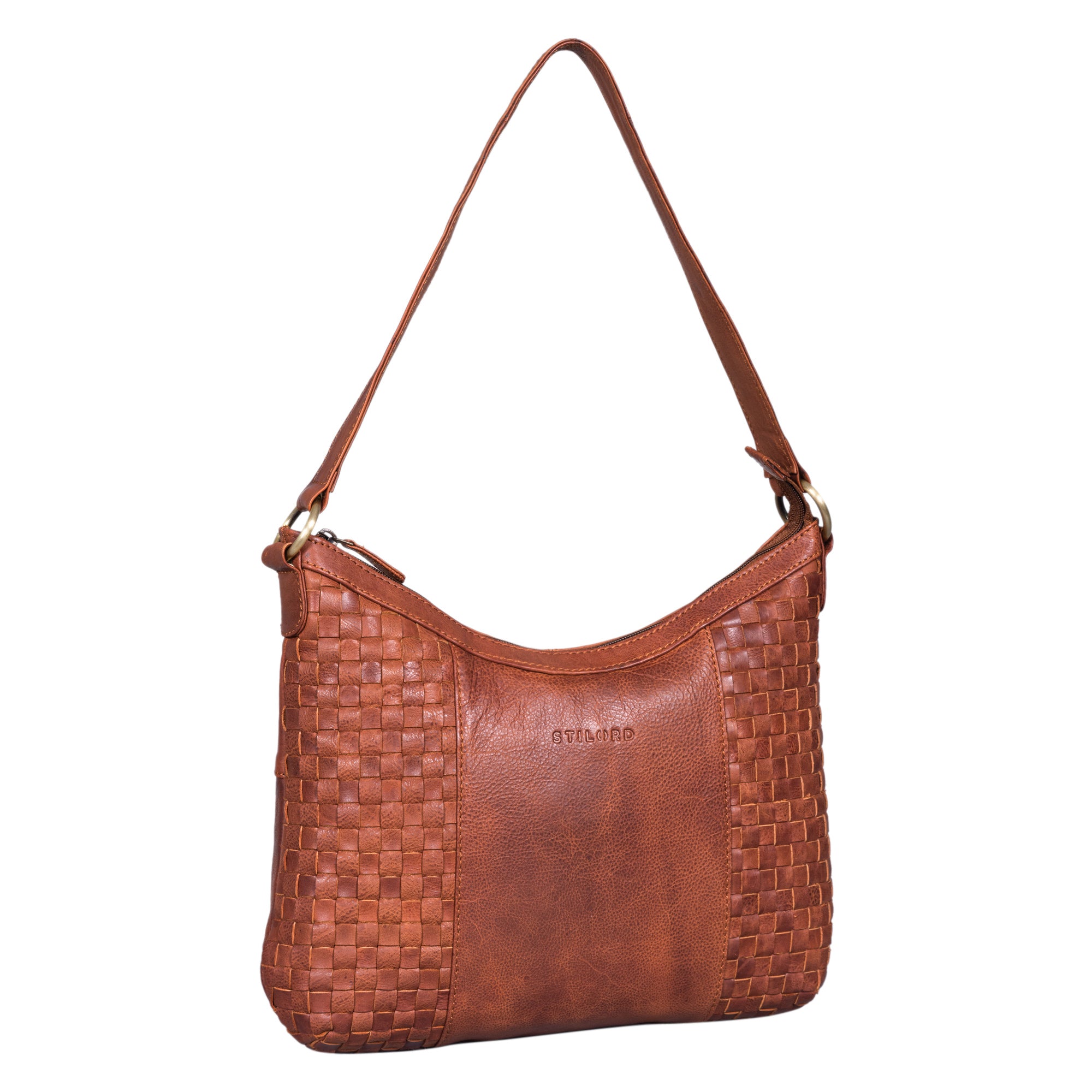Elegante Hobo Bag Damen Leder Flecht Optik Cognac