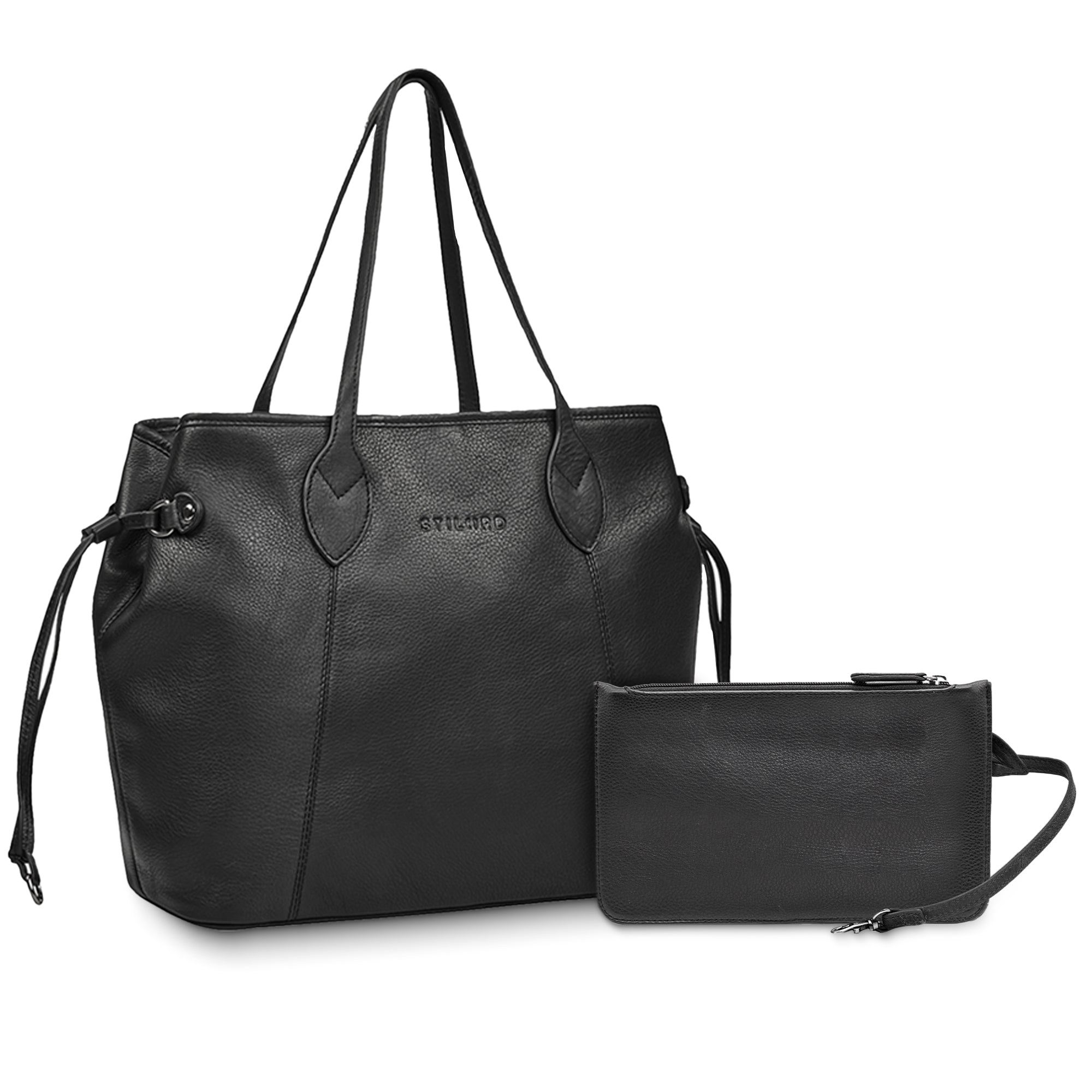 Echtleder Shopper Damen mit Clutch schwarz