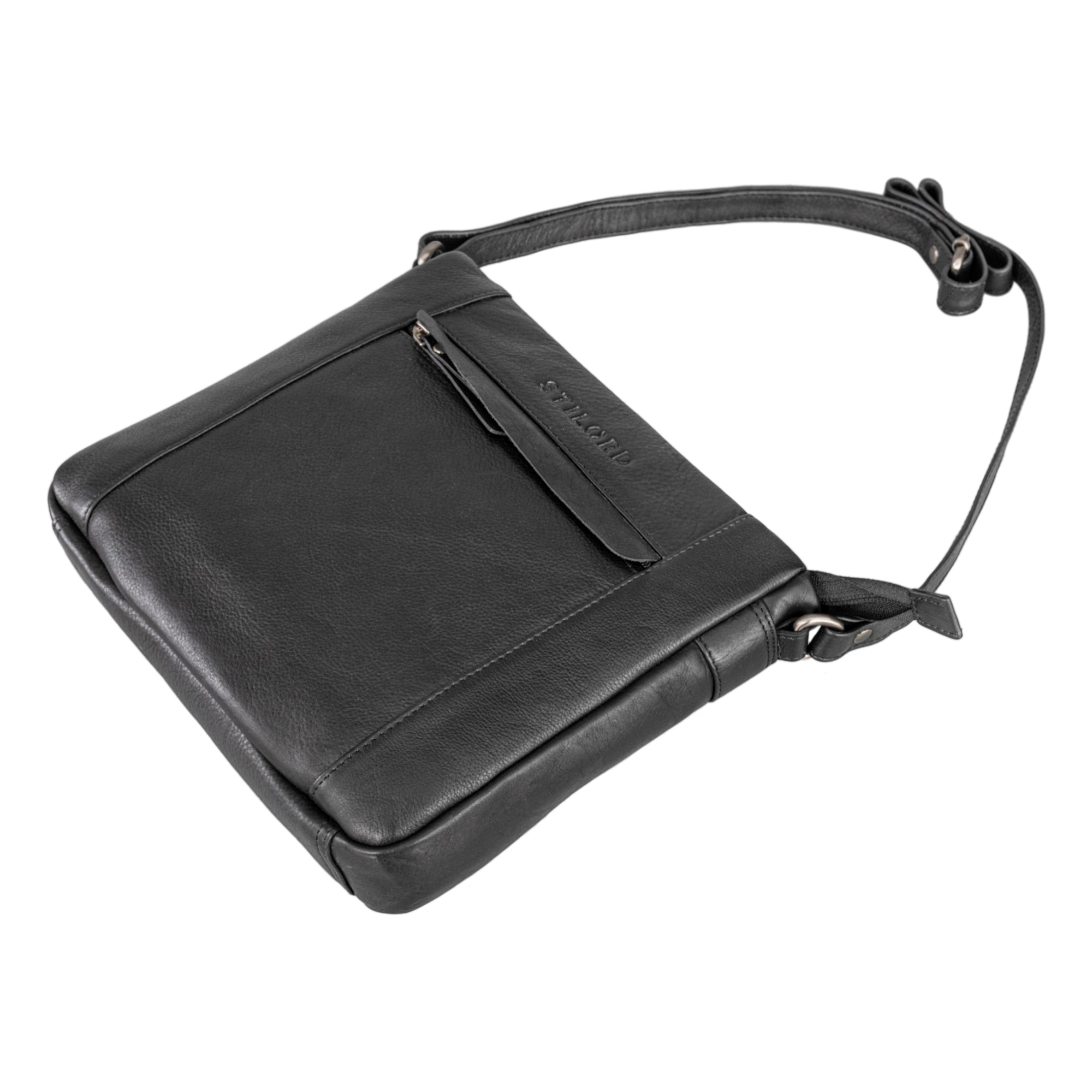 Damen Handtasche mittelgroß in schwarz mit einem Schultergurt und einem vorderen Reißverschlussfach