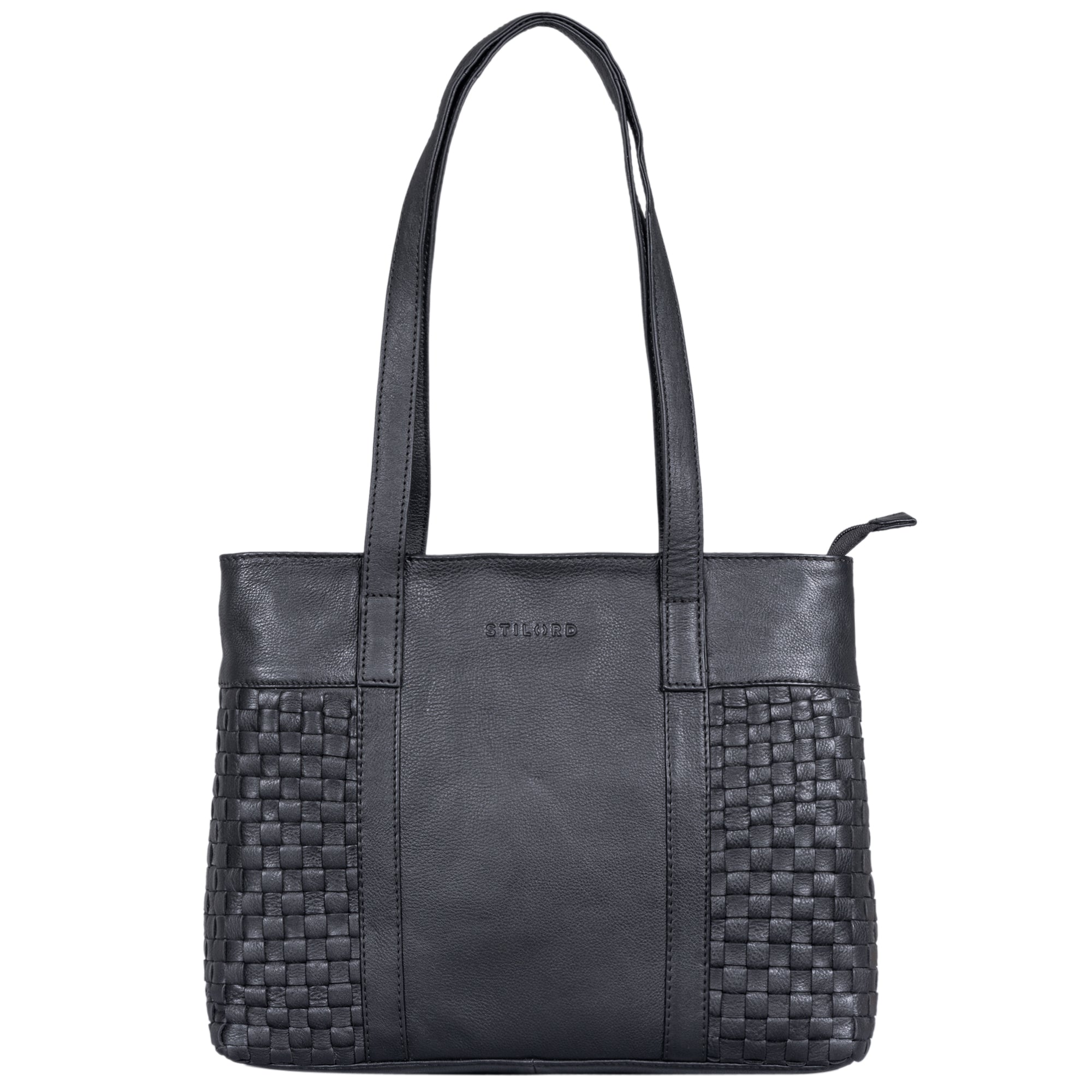 Schwarzer Lederhandtasche Damen  echt Leder geflochten mit langen Henkeln groß