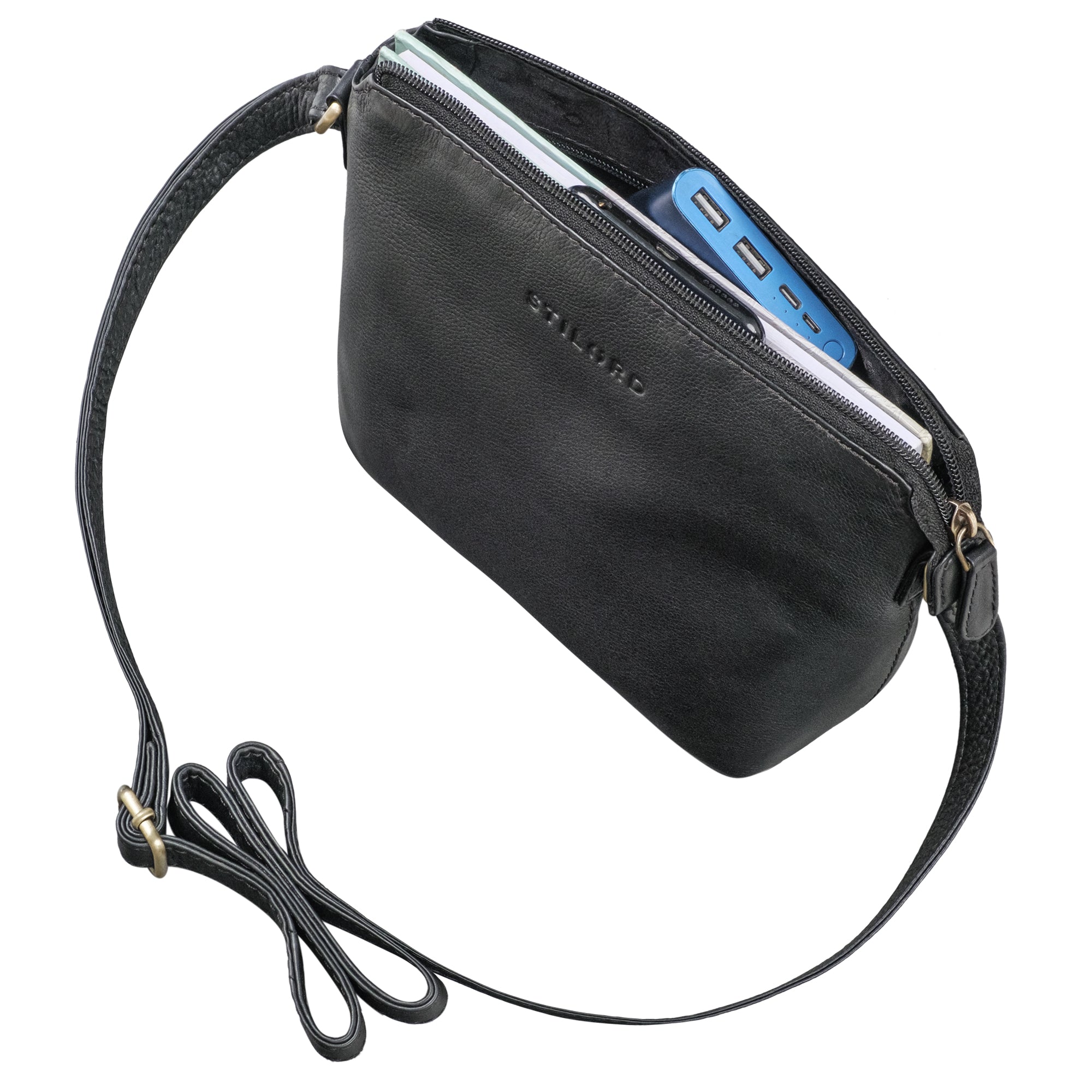 Damen Handtasche Leder schwarz mit einem Reißverschlussfach