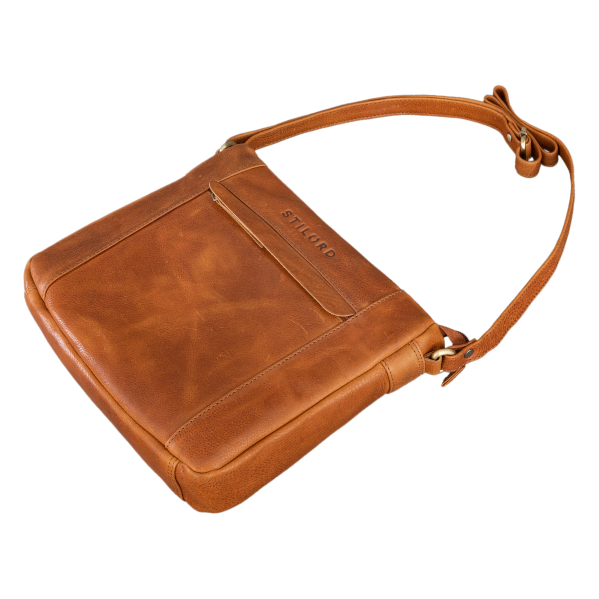 Umhängetasche Damen mittelgroß in braunem vintage Leder mit einem vorderen Reißverschlussfach