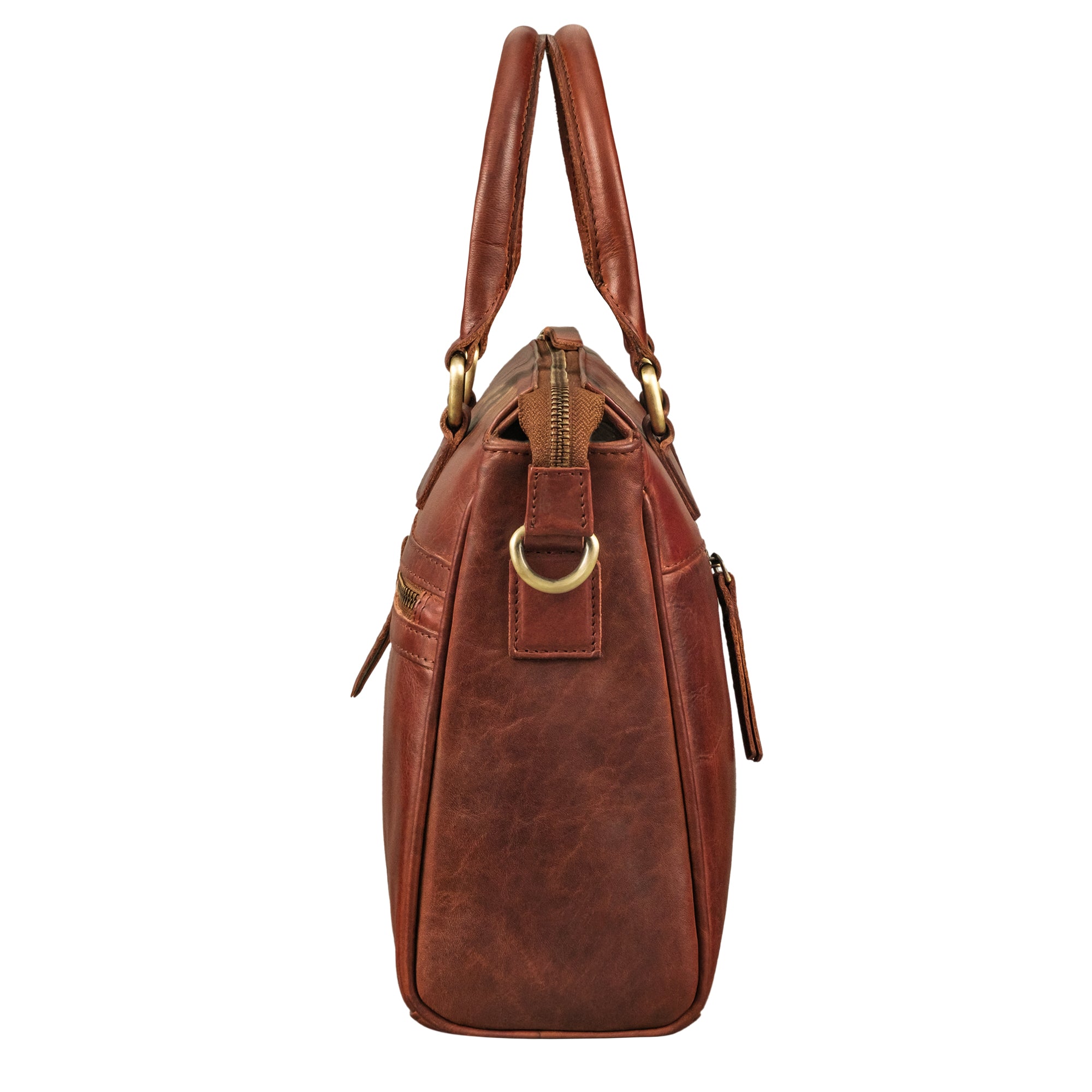 Leder Shopper Damen cognac aus der seitlichen Perspektive