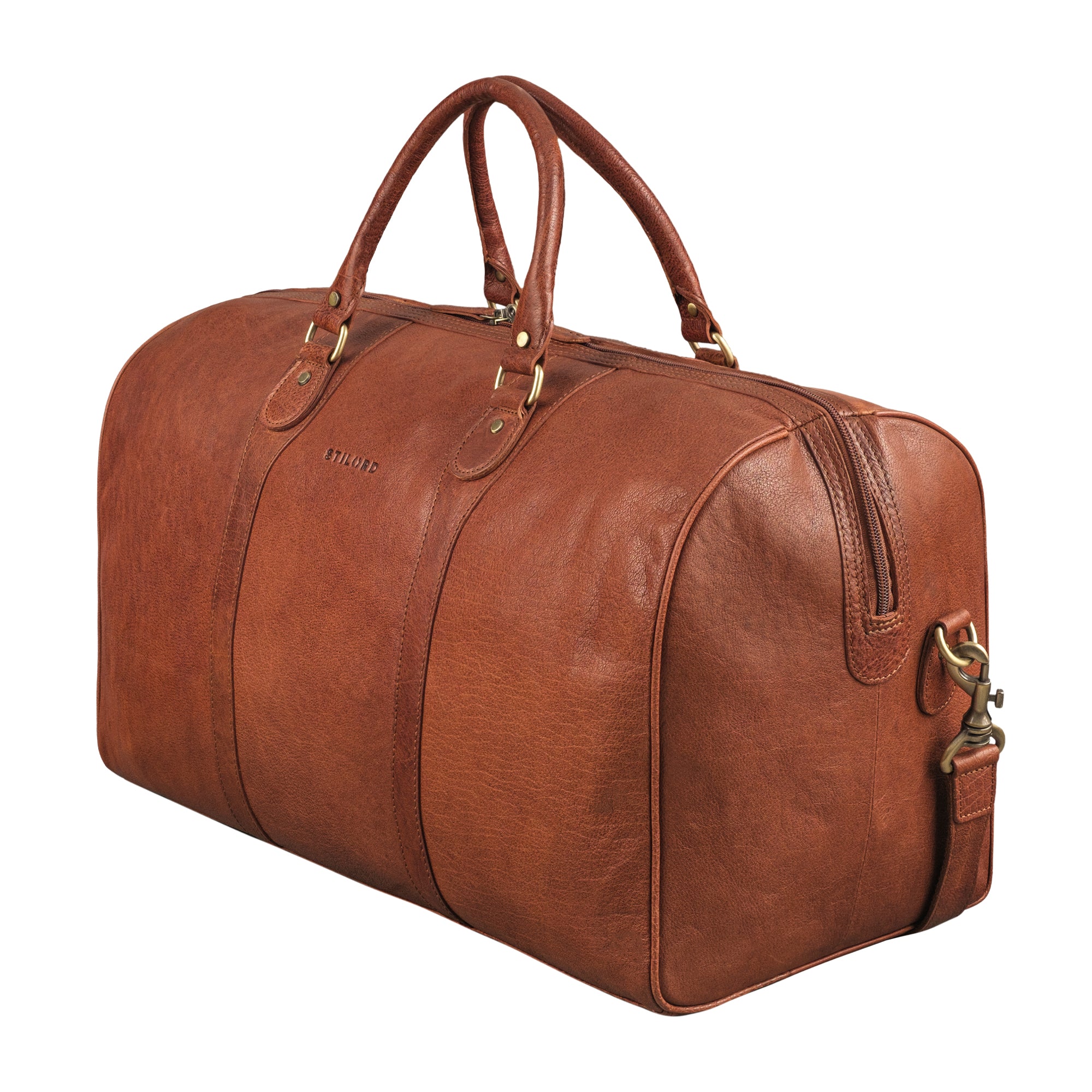 Große Reisetasche aus Leder cognac mit einem Schultergurt