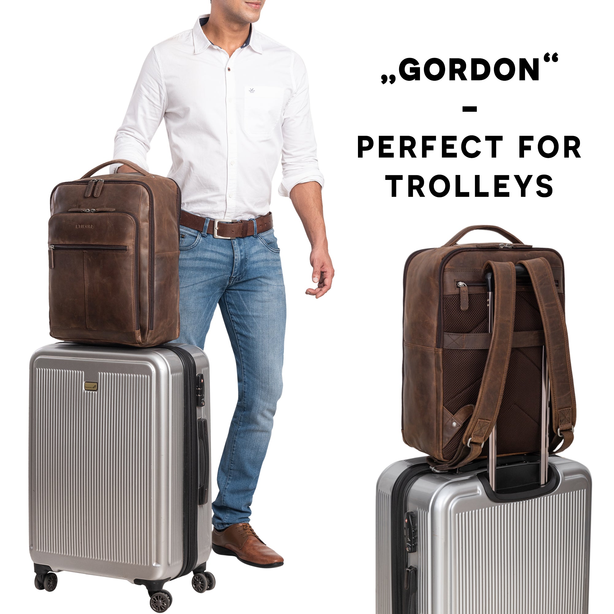 Lederrucksack mit Trolleyhalterung braun