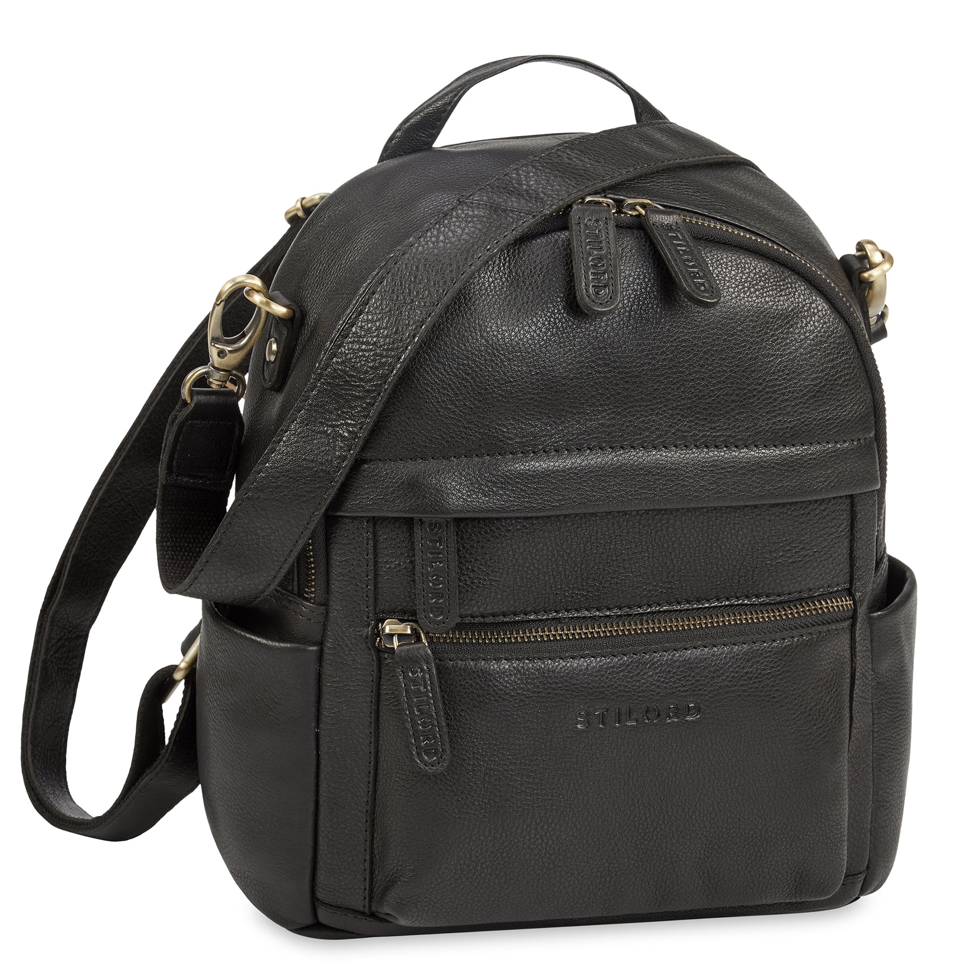 Kleine 2-in-1 Leder Rucksack-Tasche Schwarz für Damen 