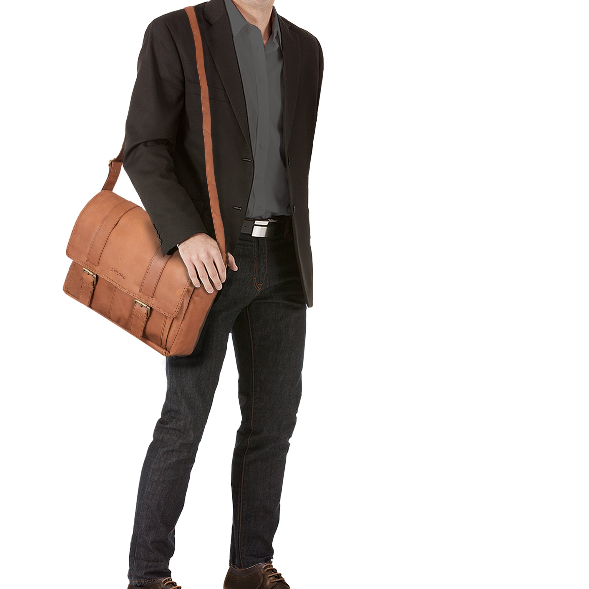 Leder Schultertasche mit 15.6 Zoll Laptop-Fach