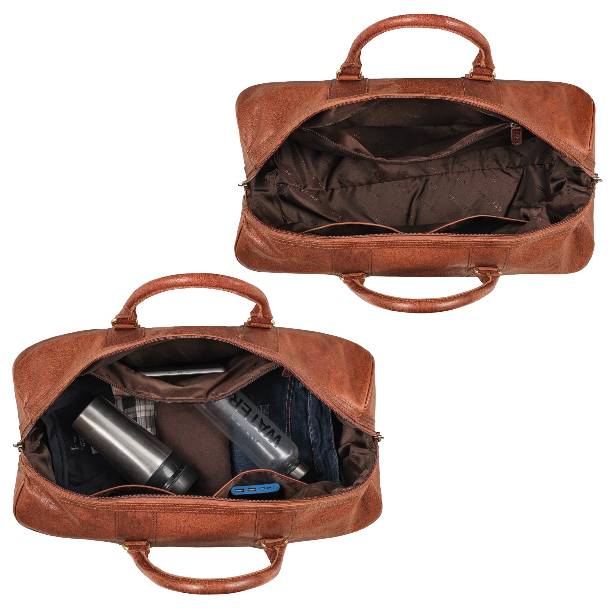 Reisetasche Leder cognac im gefüllten Zustand und leeren Zustand aus der Draufsicht