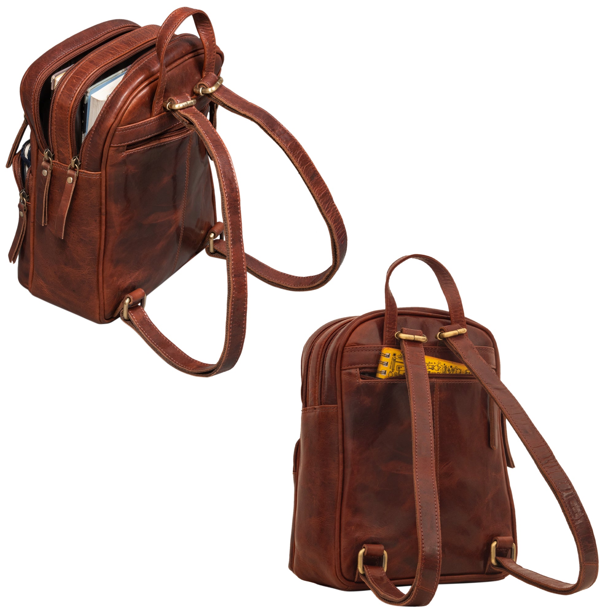 Damen vintage tagesrucksack kleine Fächer Leder cognac