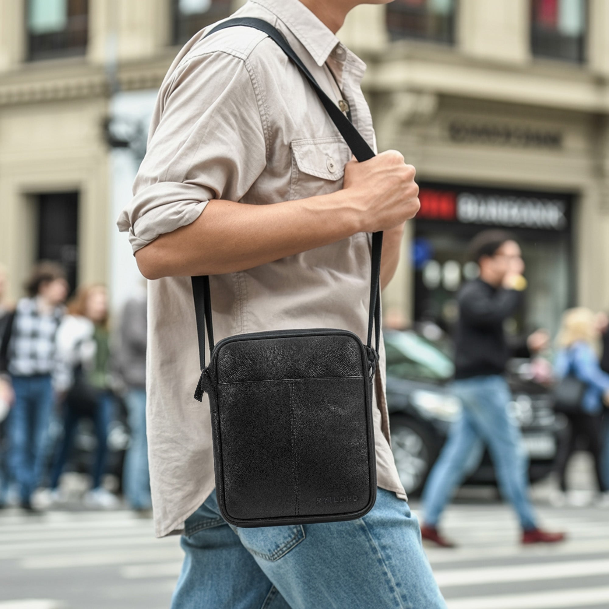 herren schultertasche echt leder schwarz