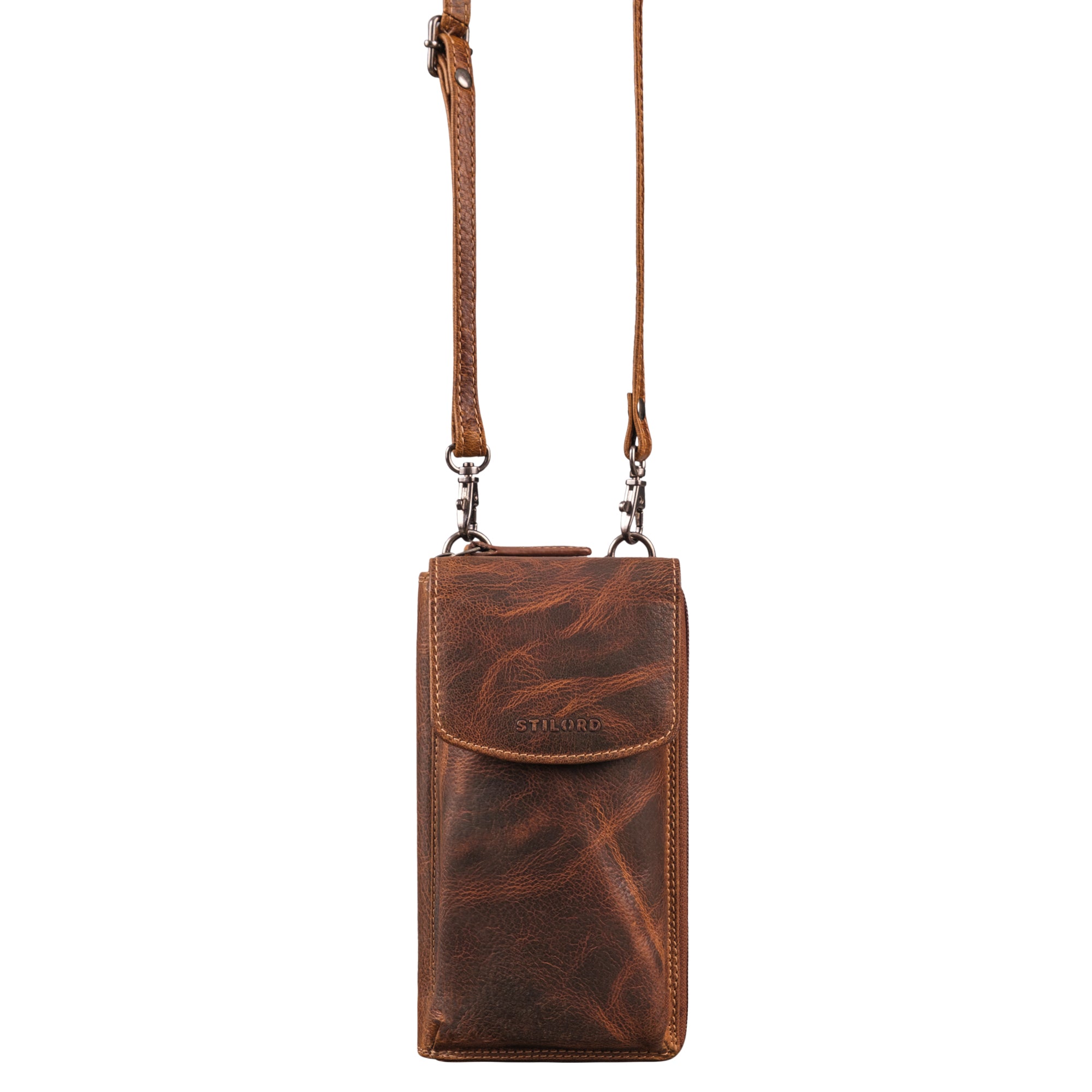 Echtleder Handytasche zum Umhängen für Damen Cognac