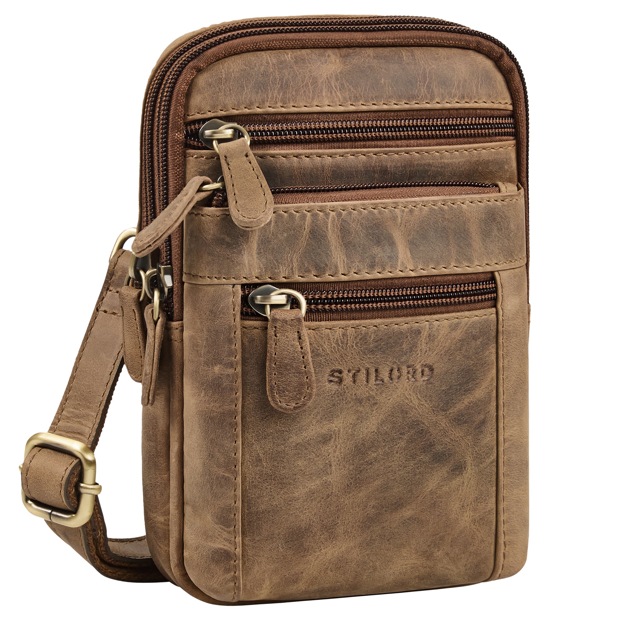 Multifunktionale 4-in-1 Kleine Ledertasche Herren Braun - Umhängetasche, Gürteltasche, Brusttasche oder mit Karabiner befestigbar