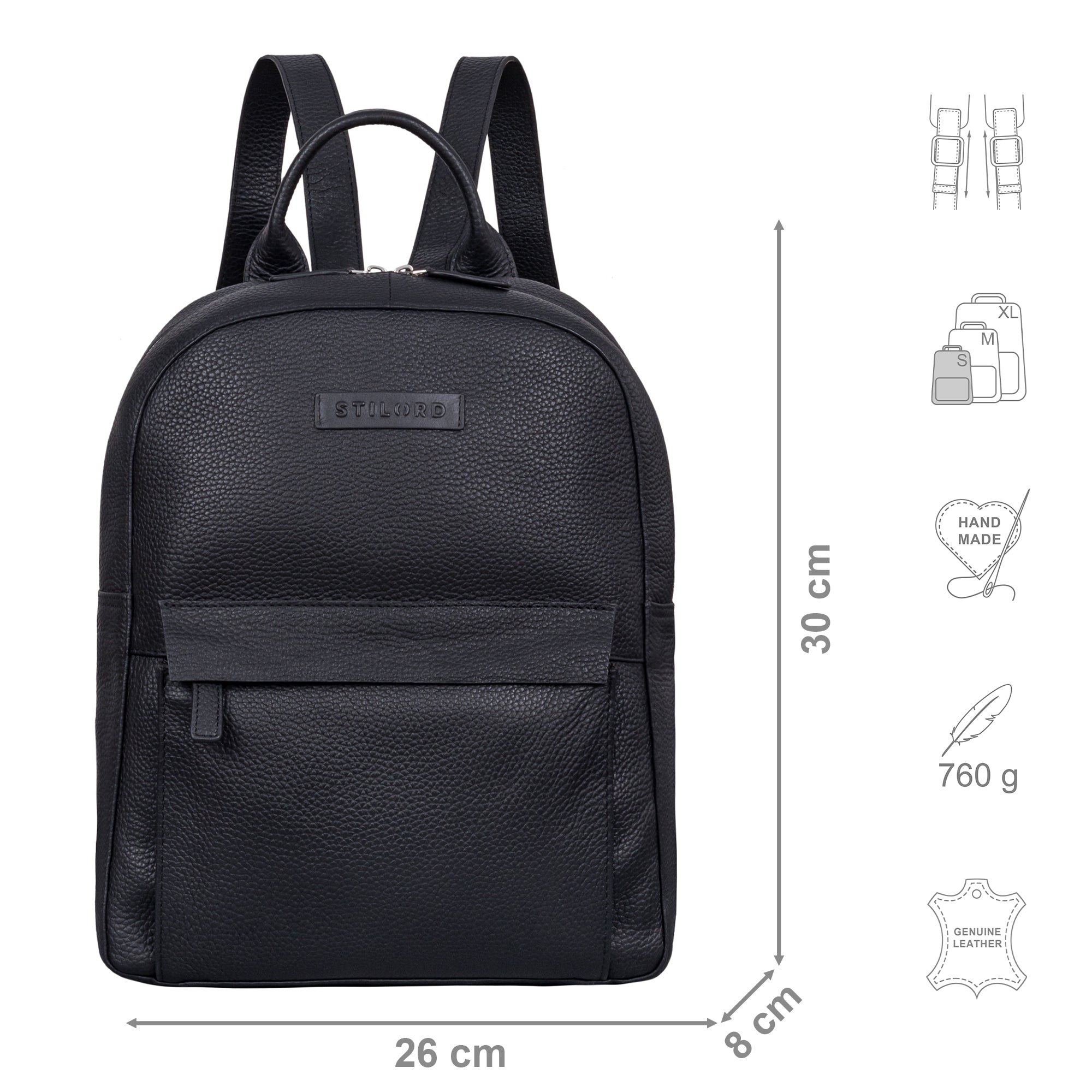 Rucksack Damen Leder Schwarz aus der Frontalperspektive mit zusätzlichen Icons